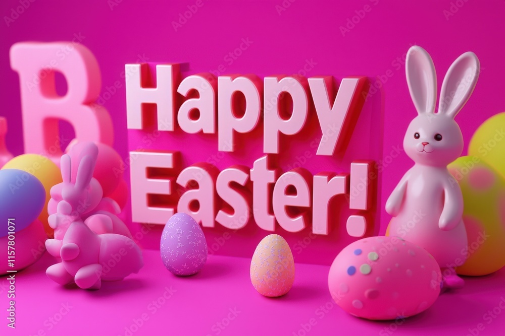 Festive decorations for Easter feature pastel-colored eggs, cute bunnies, and a cheerful message. This playful arrangement celebrates the joy and vibrancy of the holiday season.