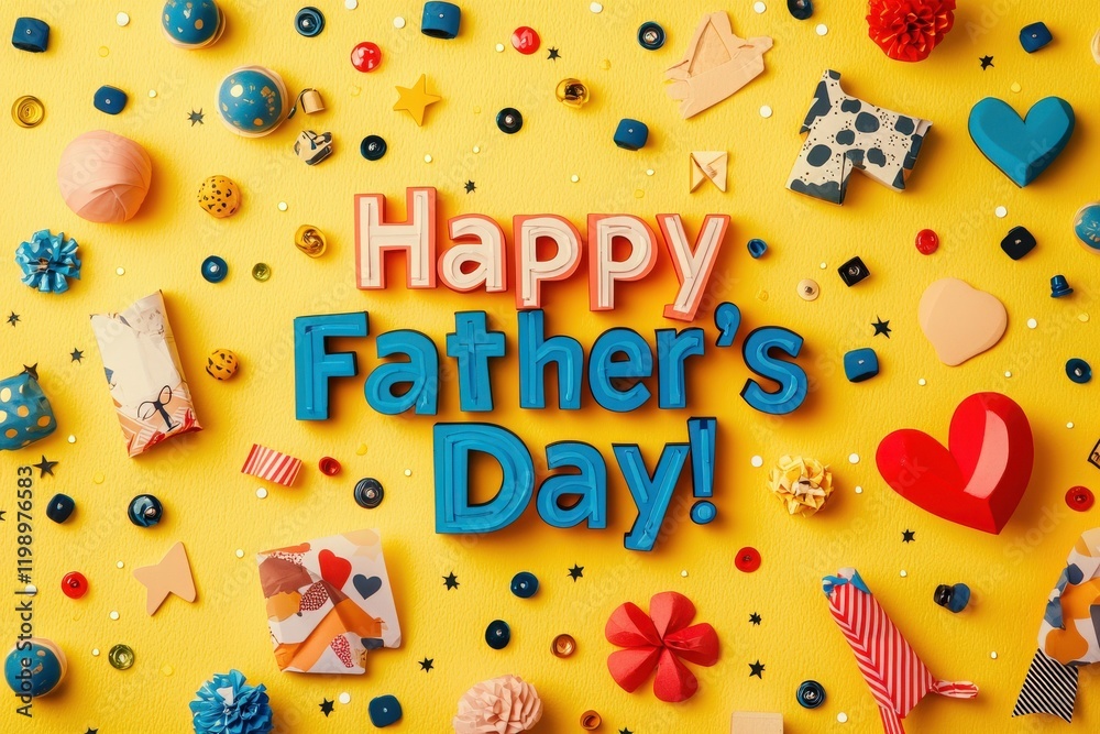 Festive decorations for Fathers Day display a cheerful arrangement against a bright yellow backdrop. Colorful shapes, hearts, and gifts enhance the joyous theme of celebration.