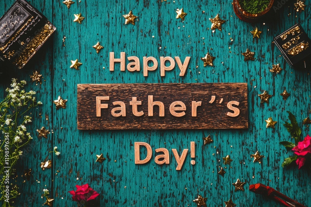 Festive decorations for Fathers Day feature a wooden sign with the message Happy Fathers Day surrounded by flowers, stars, and small boxes, creating a cheerful atmosphere.