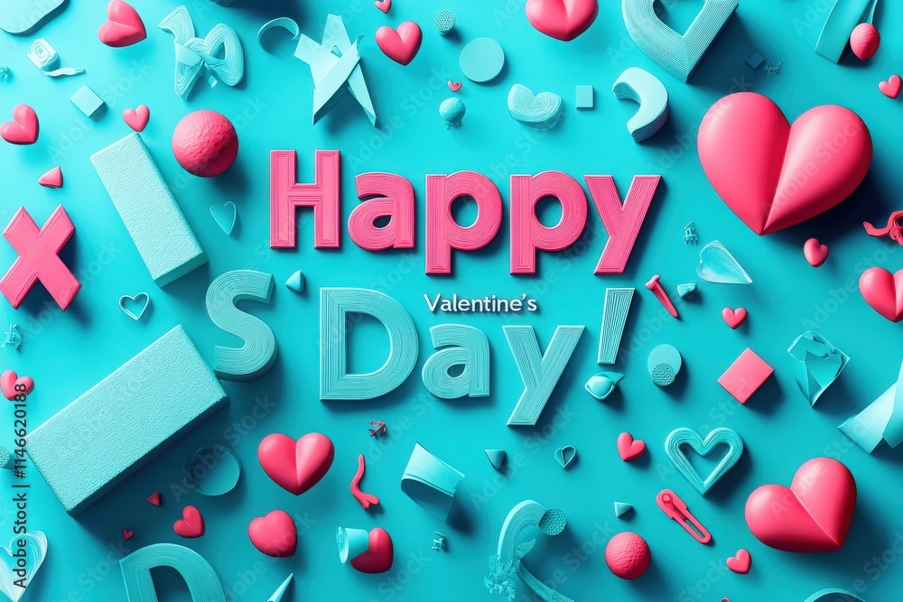 Festive decorations for Valentines Day feature pink hearts, letters, and playful shapes scattered across a vibrant blue surface. This cheerful arrangement conveys love and joy.