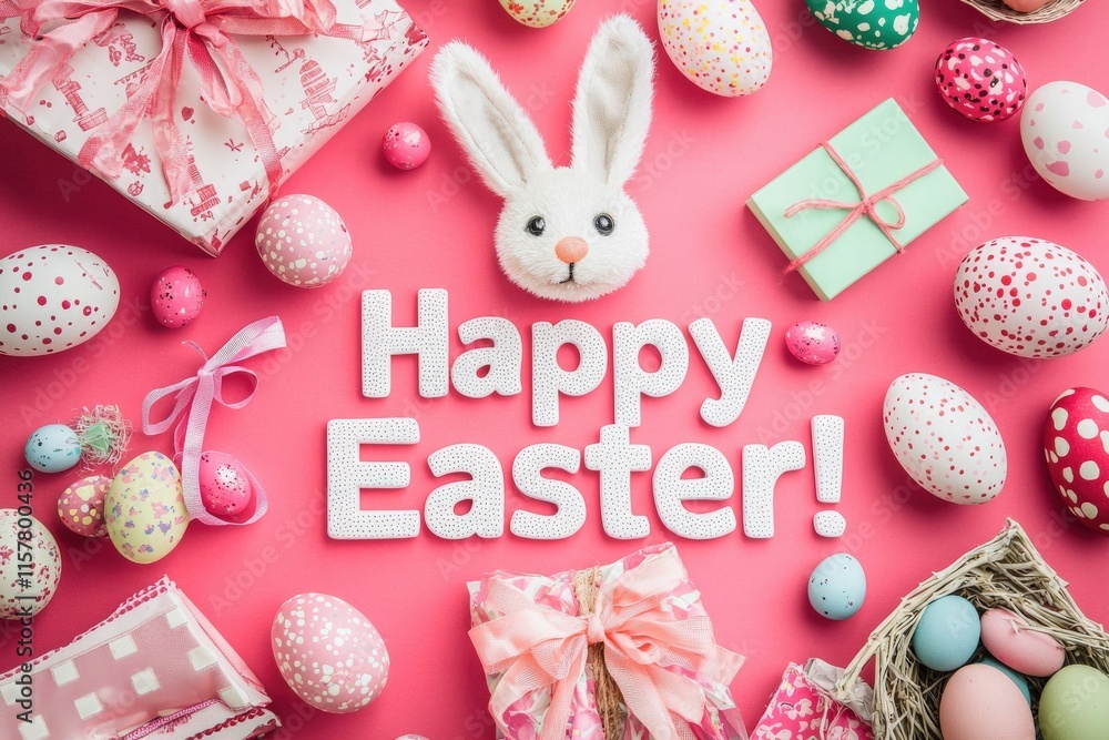 Festive decorations including colorful Easter eggs and gifts surround a bunny face, set against a bright pink backdrop, creating a cheerful holiday atmosphere.