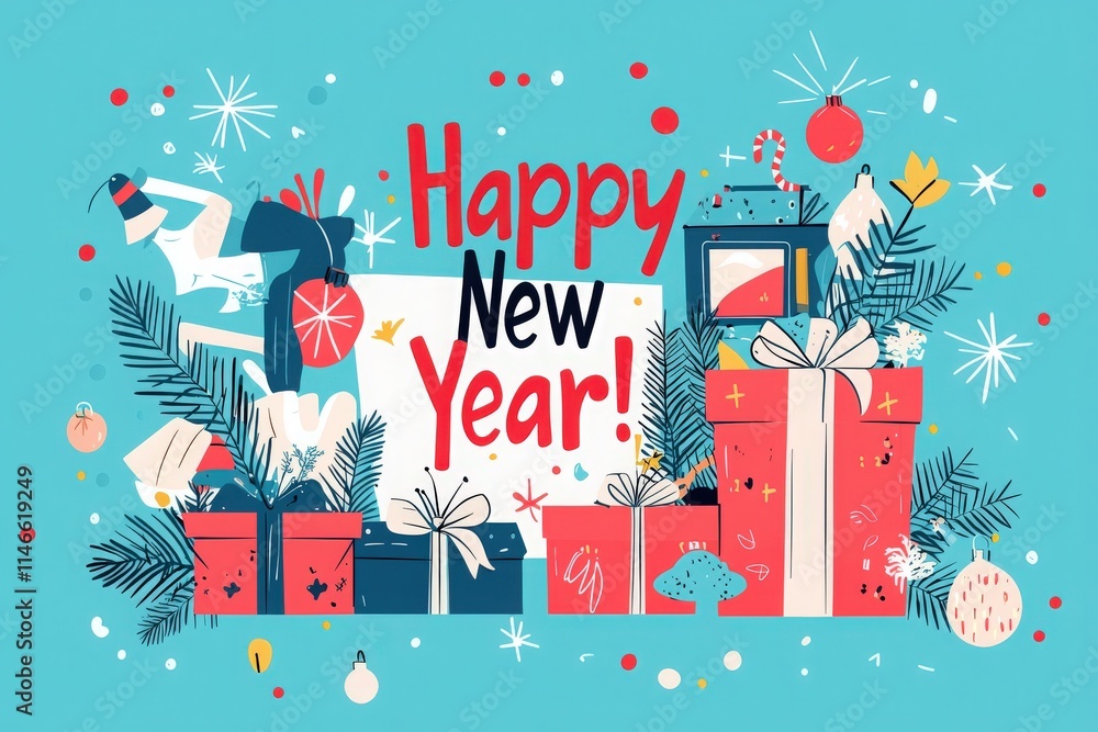 Festive decorations including gifts and holiday ornaments surround a cheerful Happy New Year greeting on a bright blue background, creating a joyful atmosphere for the celebration.