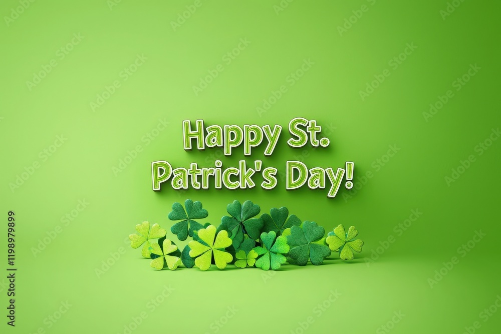 Festive decorations mark St. Patricks Day, showcasing vibrant green shamrocks against a bright green background. The cheerful message adds to the celebration atmosphere and charm.