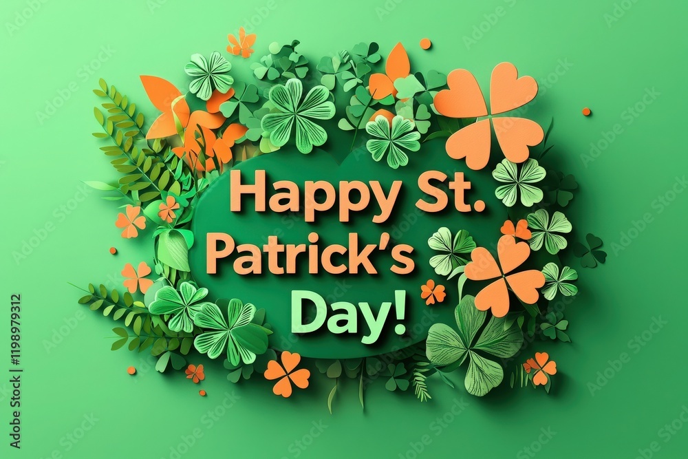 Festive decorations showcase shamrocks and flowers in shades of green and orange, creating a lively atmosphere for St. Patricks Day celebrations. Nature elements enhance the joyful spirit.