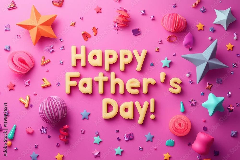 Festive decorations spread across a pink background highlight the joy of Fathers Day. Colorful shapes and playful elements convey a cheerful celebration dedicated to fathers everywhere.