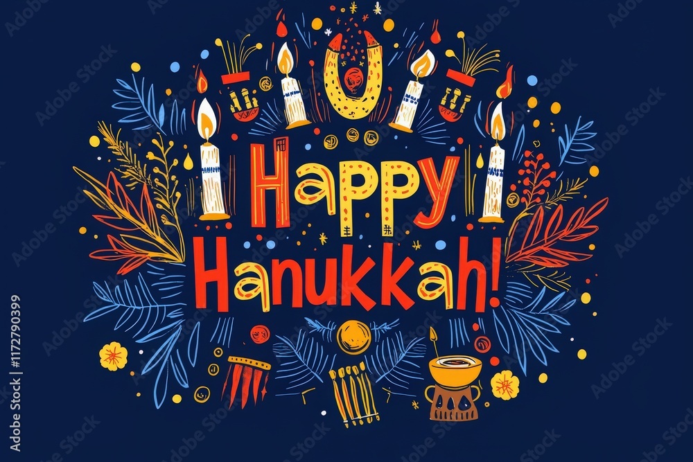 Festive display celebrating Hanukkah, featuring colorful candles, traditional symbols, and vibrant decorations. The design incorporates rich colors and joyful elements that enhance the holiday spirit.