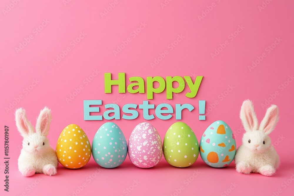 Festive display features decorated pastel eggs alongside cheerful bunny figures, all set against a lively pink backdrop, celebrating the spirit of Easter with bright colors and playful designs.