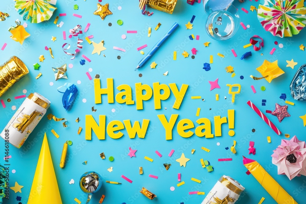 Festive elements fill the vibrant blue backdrop, showcasing party items like confetti, hats, and streamers, all centered around a cheerful message of Happy New Year.