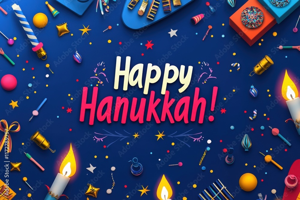 Festive elements of Hanukkah are displayed, featuring candles, dreidels, and colorful ornaments against a vibrant blue background. The joyful atmosphere invites holiday cheer and celebration.