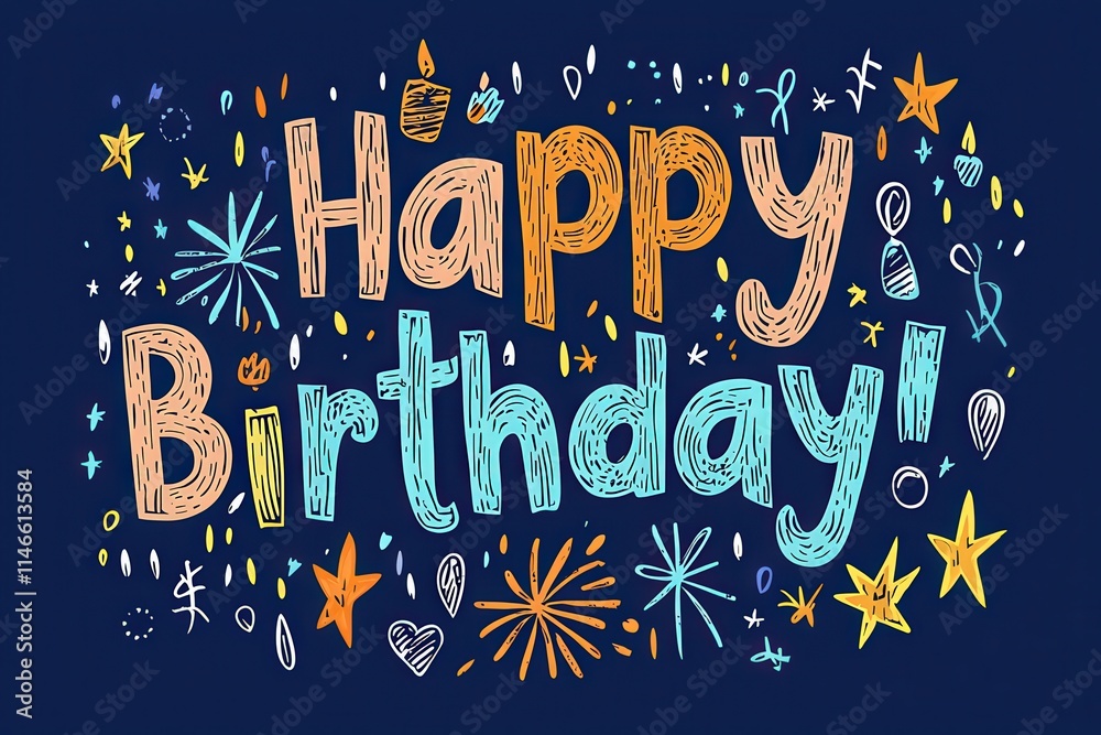 Festive lettering displays a cheerful birthday message surrounded by vibrant stars and sparkles. The warm colors create a lively atmosphere perfect for birthday celebrations.