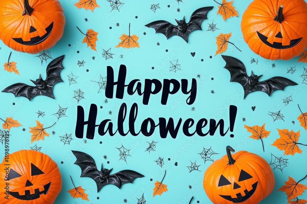 Festive pumpkins with carved faces are arranged with bats and orange leaves on a bright blue background, creating a cheerful Halloween atmosphere perfect for seasonal decorations and celebrations.