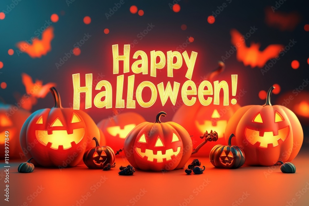 Festive pumpkins with carved faces are illuminated on a surface against a dark background filled with flying bats and glowing lights, creating a cheerful Halloween atmosphere at night.