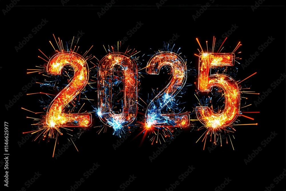 Fireworks display showcases the year 2025 in bold, sparkling numbers. The vibrant colors shine against a night sky, creating a festive and celebratory atmosphere for the new year.
