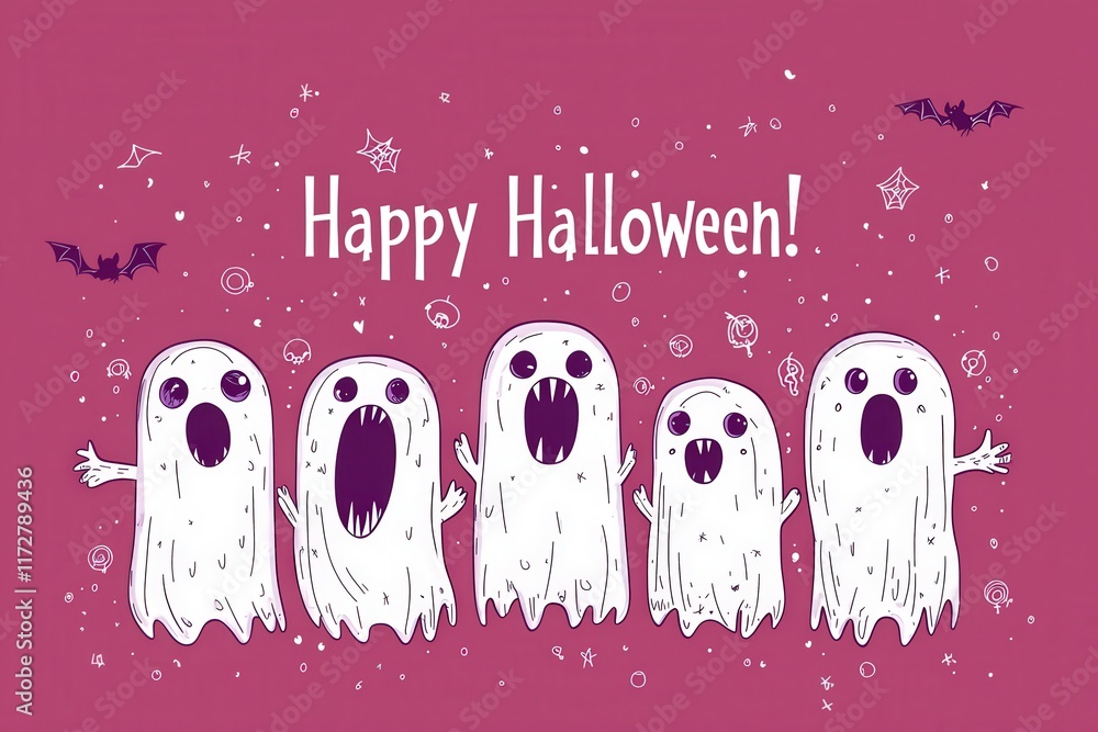 Five cute ghost characters with expressive faces celebrate Halloween on a purple background, surrounded by bats and stars. The cheerful illustration captures the festive spirit of the holiday.