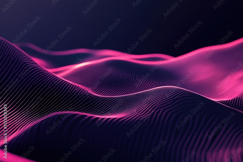 Flowing waves of pink light undulate gracefully against a dark background, creating an abstract digital landscape that captivates the viewer. The intricate patterns evoke a sense of motion and depth.