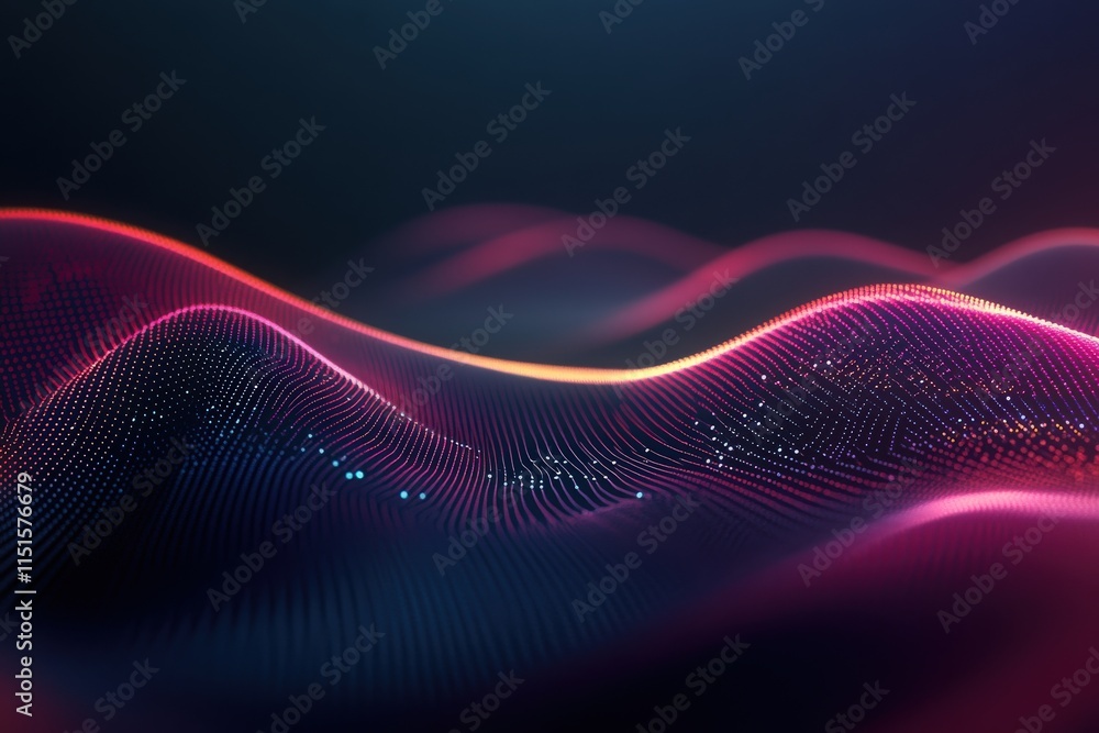 Fluid waves of light in vibrant colors create an immersive digital landscape filled with glowing points. The scene conveys a sense of movement and depth against a dark backdrop.