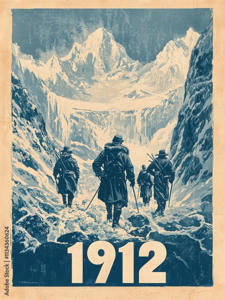 Four climbers trek through a snow-covered landscape towards a glacier, surrounded by towering mountains. The poster captures a historic expedition spirit from the year 1912.