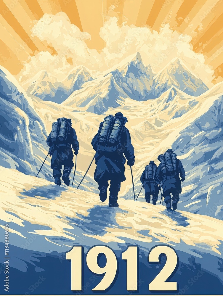 Four climbers trek up snow-covered mountains, carrying heavy backpacks. The bright sky and majestic peaks create a stunning backdrop. This artwork captures the spirit of adventure in 1912.