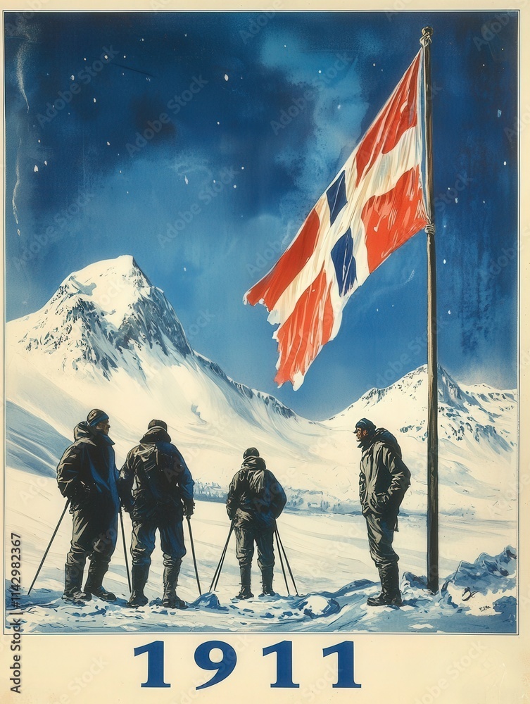 Four explorers stand on a snowy landscape, gazing at majestic mountains while the Norwegian flag waves proudly. This historical scene captures the spirit of adventure in 1911.