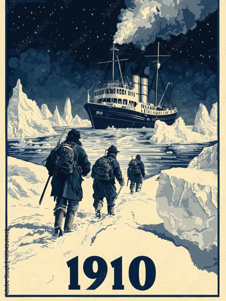 Four explorers trek through snow and ice towards a vintage steamship. The scene captures the harsh, cold conditions faced during early 20th-century polar exploration in 1910.