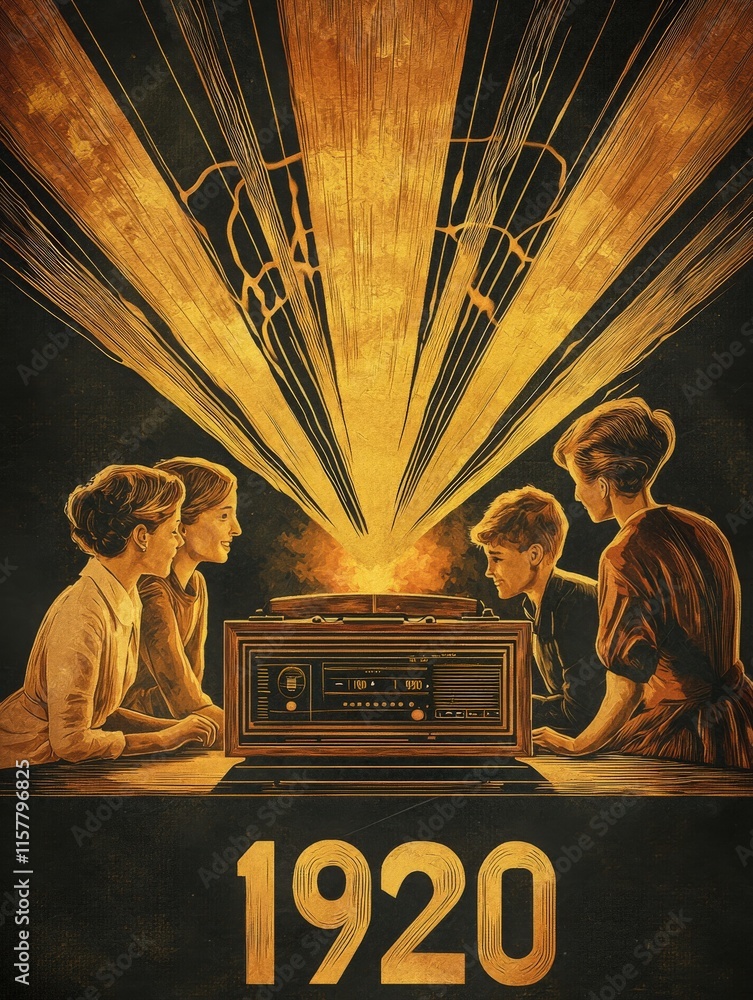 Four family members are gathered around a vintage radio in 1920, captivated by the sounds emanating from the device. The warm golden tones create an inviting atmosphere during this intimate moment.