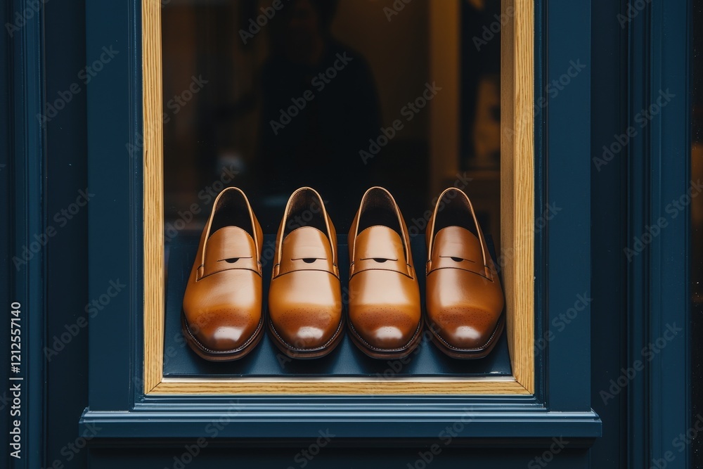 Four pairs of polished brown leather shoes are arranged neatly in a boutique window. The warm light highlights their craftsmanship, creating an inviting atmosphere for passersby.