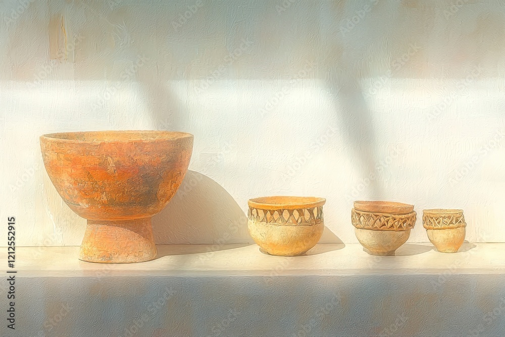 Four pieces of ancient pottery are arranged on a white shelf, illuminated by soft natural light.