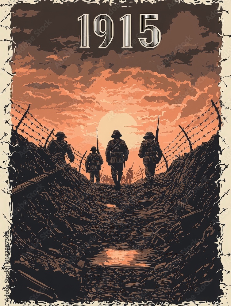 Four soldiers carry rifles as they walk along a muddy trench under an orange sky at sunset. The scene captures the somber mood of wartime set in 1915, with barbed wire nearby.