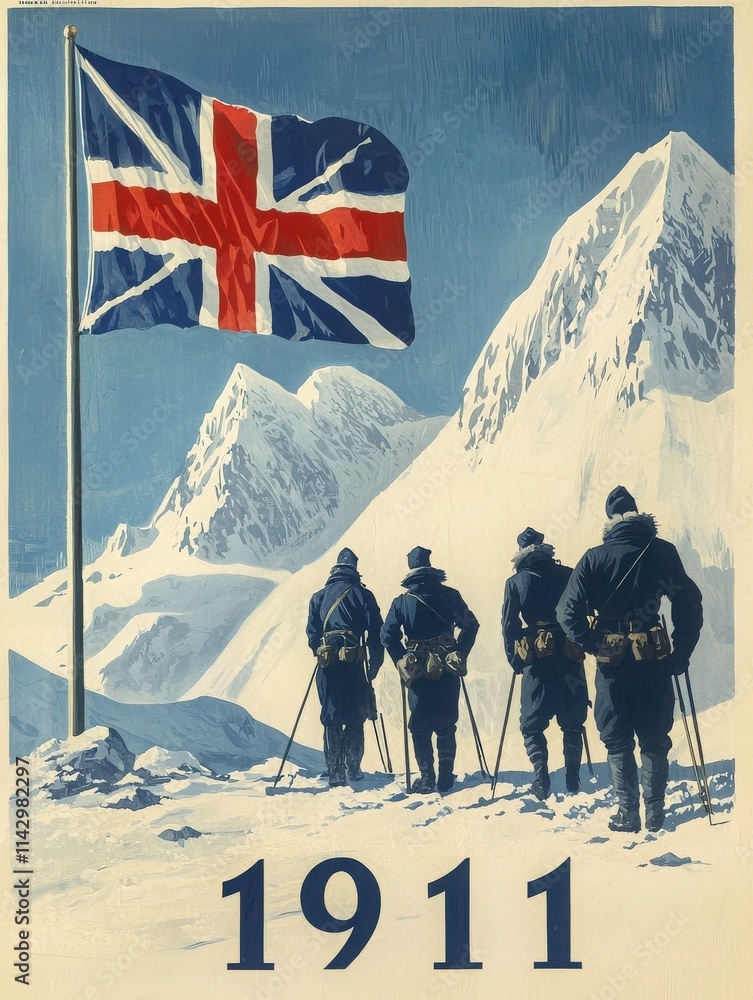 Four soldiers stand on a snowy mountain landscape, holding walking poles. A large British flag flies above them, embodying a historic moment in 1911. The towering peaks create a majestic backdrop.