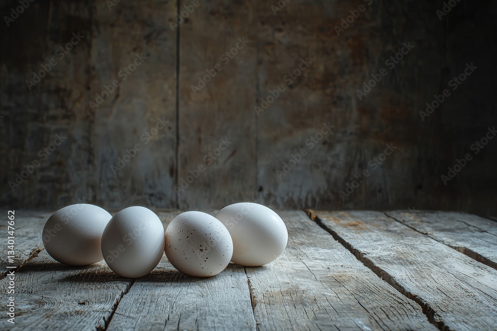 Four white eggs are placed on a rustic wooden table. The soft light highlights their smooth surfaces, while the textured wall behind adds depth. The serene atmosphere evokes simplicity and calm.