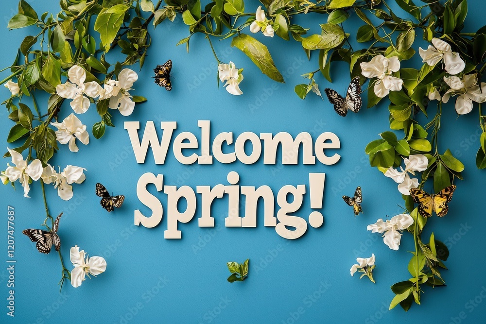 Fresh flowers and vibrant butterflies decorate a cheerful blue backdrop, celebrating the arrival of spring. The welcoming message invites everyone to embrace the beauty of the season.