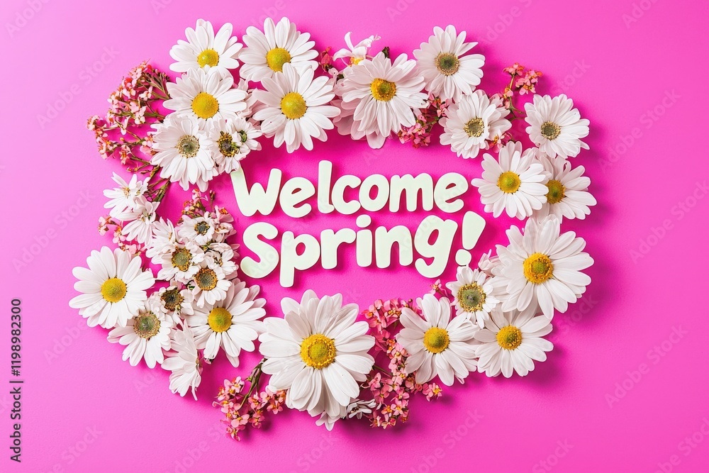 Fresh white daisies and pink blossoms create a cheerful display on a bright pink background, welcoming the arrival of spring with joy and color. Perfect for seasonal celebrations.