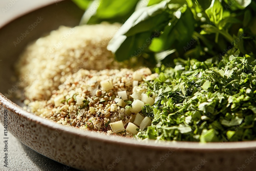 Freshly chopped basil and cilantro sit beside a blend of aromatic spices on a textured plate, showcasing vibrant colors. This cozy kitchen setup highlights the essence of preparing a flavorful meal.
