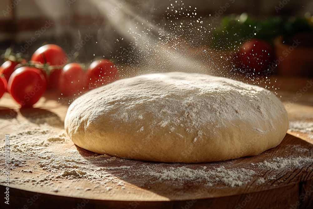 Freshly kneaded dough rests on a wooden board, dusted with flour, while bright red tomatoes are nearby, hinting at a culinary creation in a warm kitchen filled with sunlight.