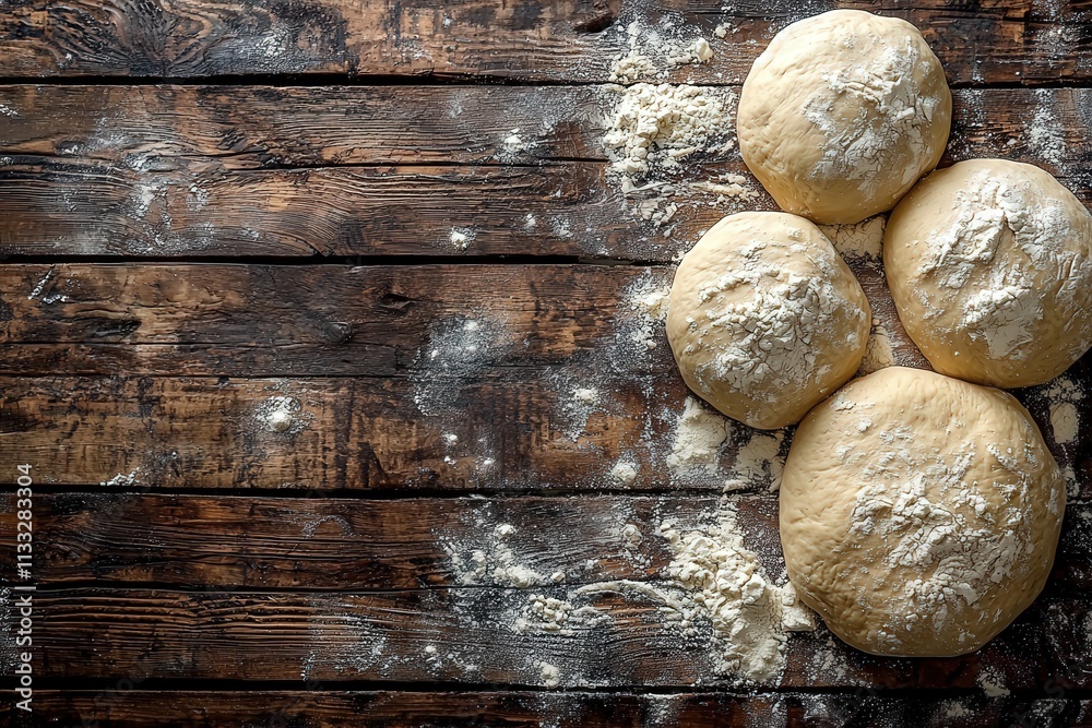 Freshly prepared dough balls rest on a wooden countertop dusted with flour, indicating the beginning of the baking process. This setup is ideal for making homemade bread or pastries.