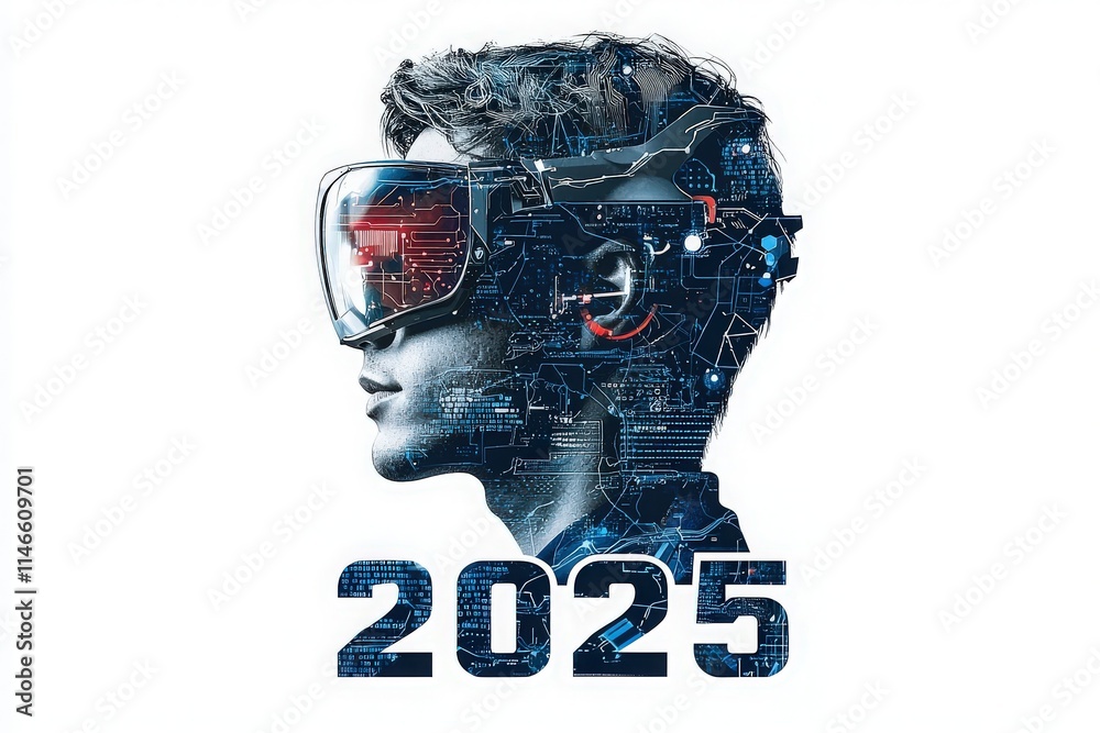 Futuristic design showcases a young individual experiencing virtual reality with advanced technology in a digital landscape. The concept represents innovations expected by 2025.