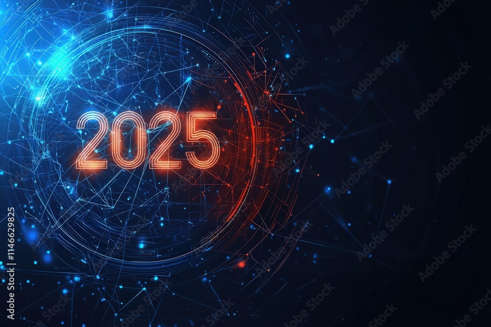 Glowing numerals display the year 2025, surrounded by a web of digital connections in blue and red tones, signifying advancement in technology and innovation.
