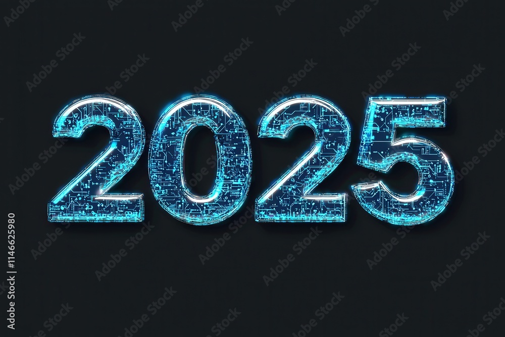 Glowing numerals set in a futuristic style represent the year 2025, showcasing intricate circuit patterns and a high-tech aesthetic against a dark background.