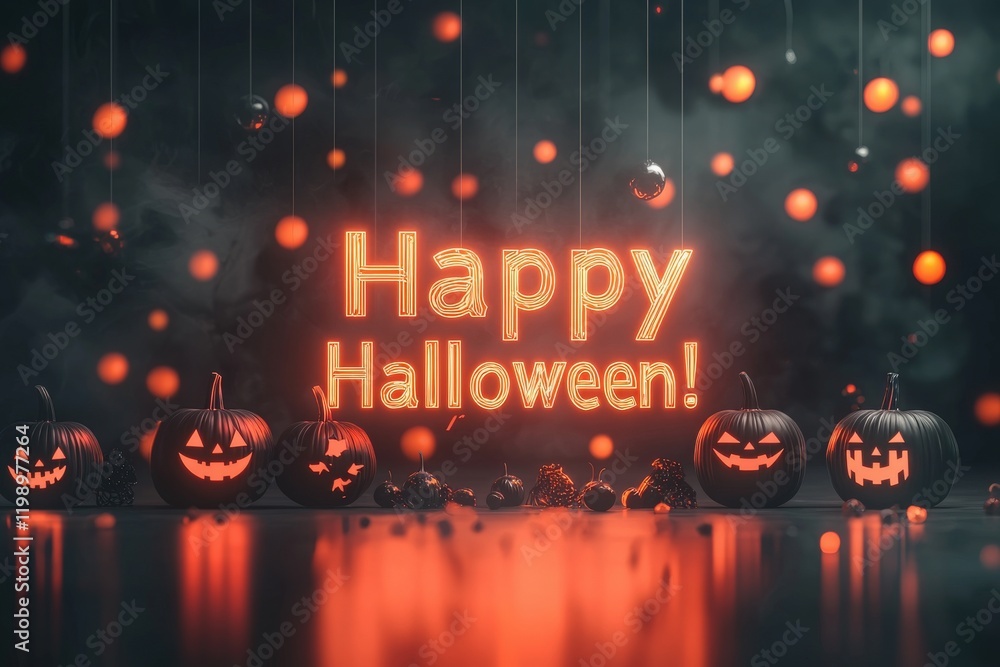 Glowing pumpkins with carved faces are arranged in a dark setting, illuminated by hanging orange lights. A bright sign wishing happy Halloween adds to the spooky yet cheerful atmosphere.