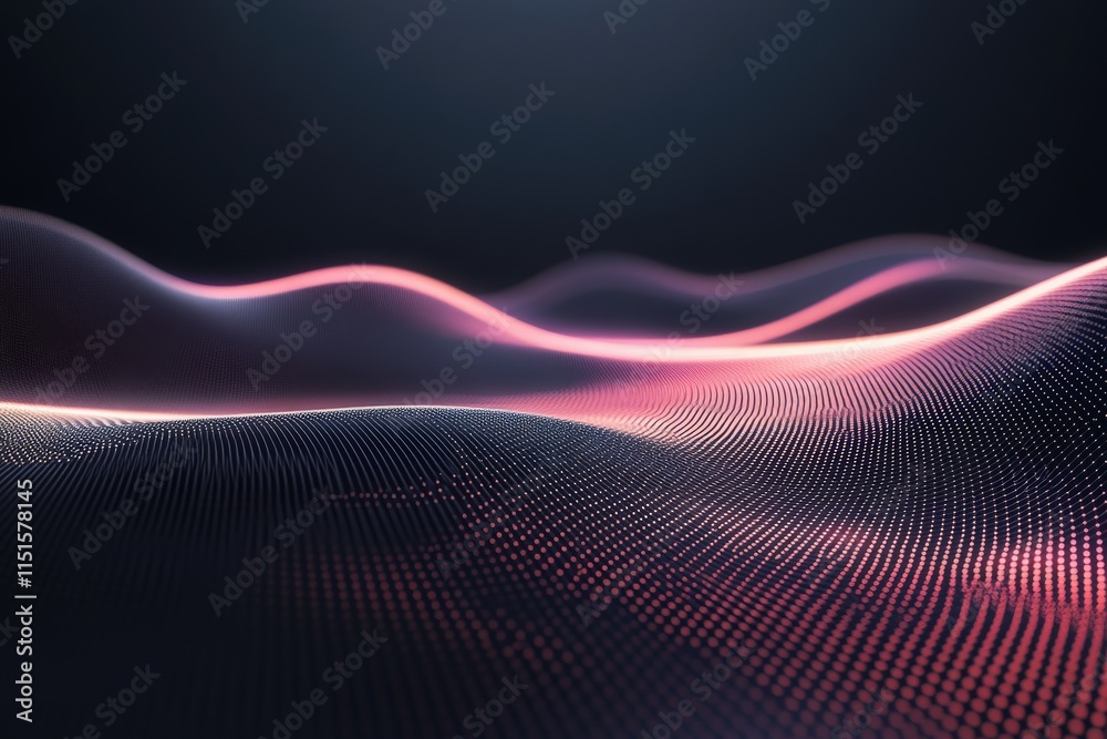 Glowing wave patterns rise and fall in a dark background, displaying vibrant colors that create an abstract, mesmerizing effect. The composition evokes a sense of depth and movement.