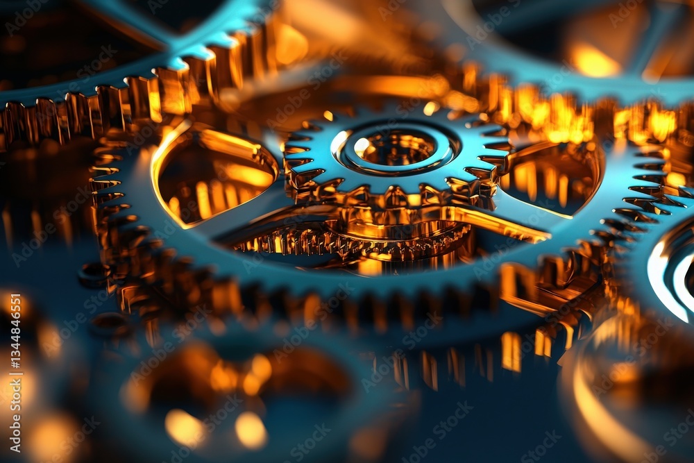Golden gears interlock in a beautiful arrangement, reflecting light with a polished finish. This close-up captures the complexity of mechanical components working seamlessly together.