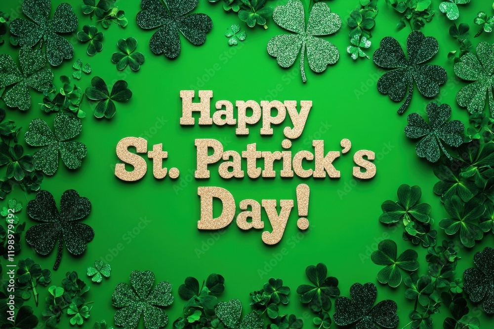 Green background adorned with scattered clovers and sparkling letters celebrating St. Patricks Day. This cheerful decor highlights the joy of the holiday with vibrant colors and festive symbols.
