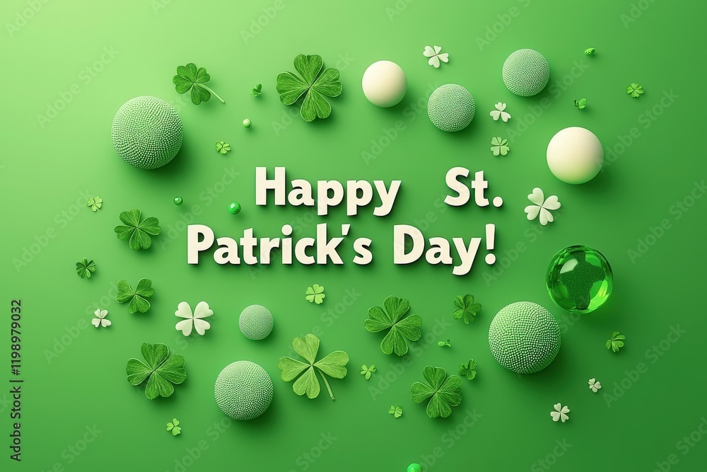 Green decorations and clovers elegantly arranged create a joyful atmosphere for St Patricks Day celebration. Text conveys warm wishes, enhancing the festive mood during this cultural event.
