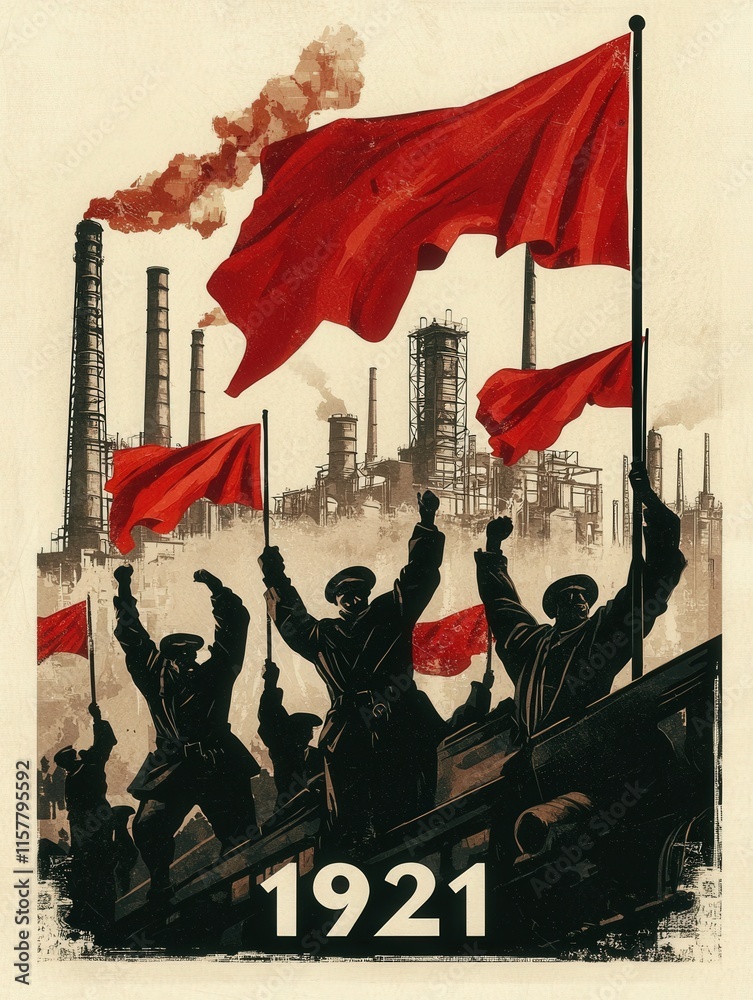 Groups of protesters raise red flags in front of smokestacks at an industrial site. This powerful display of unity occurs during a labor movement in 1921, reflecting the political climate.