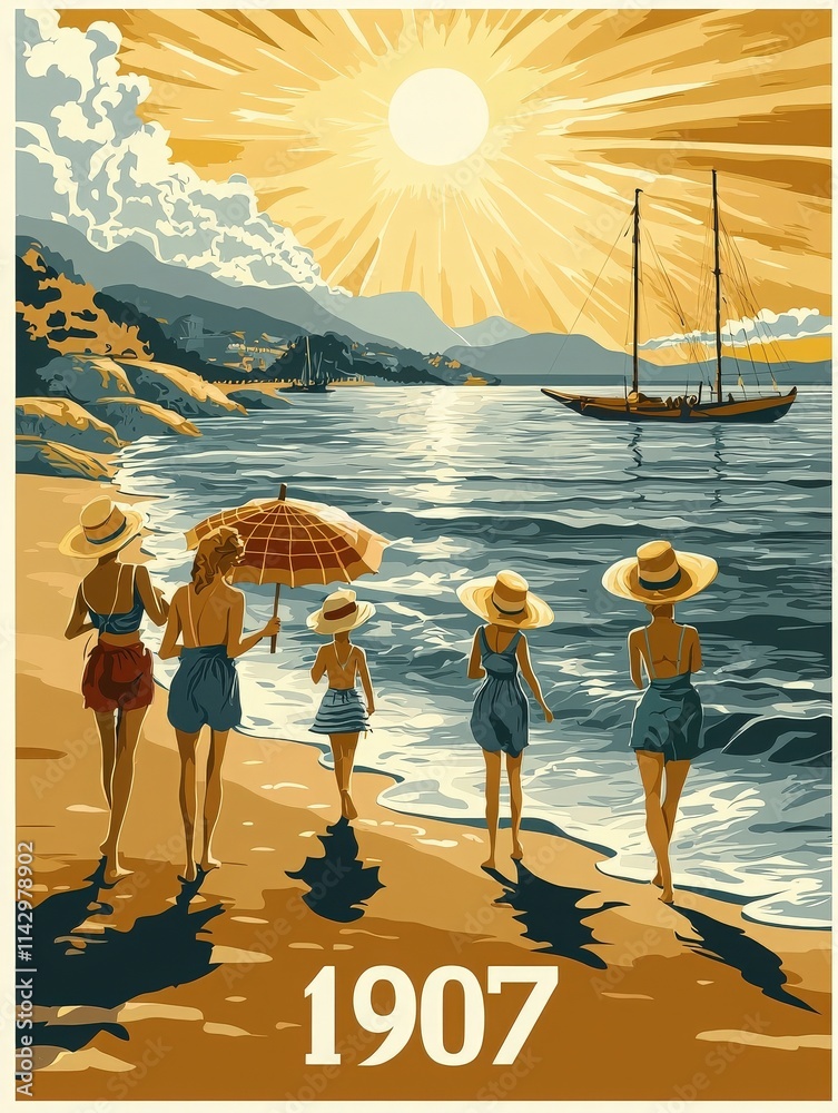 Groups of women and children stroll along a sunlit beach, casting long shadows on the sand. A vintage sailboat floats peacefully on the water, creating a serene atmosphere.