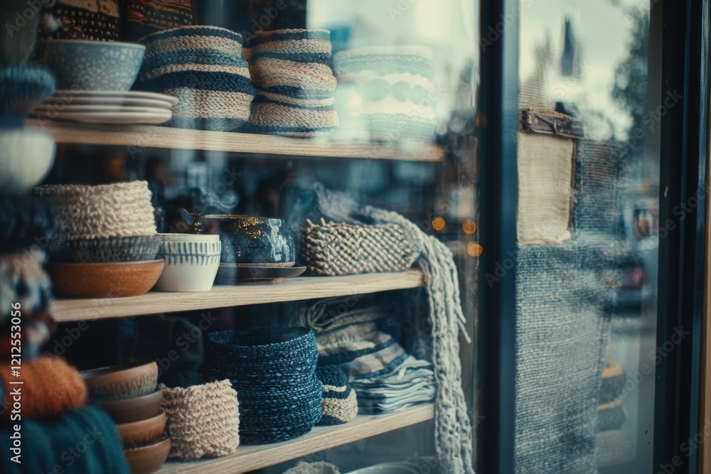Handcrafted baskets and pottery are beautifully arranged in a store window. The warm tones and textures create an inviting atmosphere as dusk settles in a charming neighborhood.
