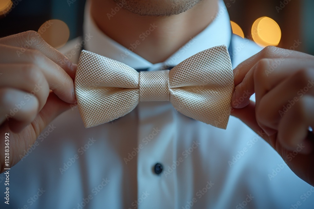 Hands carefully adjust a cream-colored bow tie while a person is dressed in a formal shirt. Soft ambient lighting creates a chic atmosphere, suggesting preparation for a special occasion.