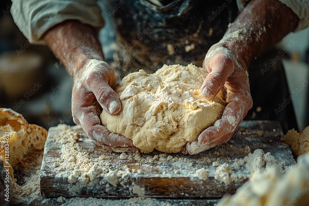 Hands covered in flour skillfully knead fresh dough on a wooden board in a cozy kitchen during the afternoon. The warm atmosphere highlights the art of bread making.