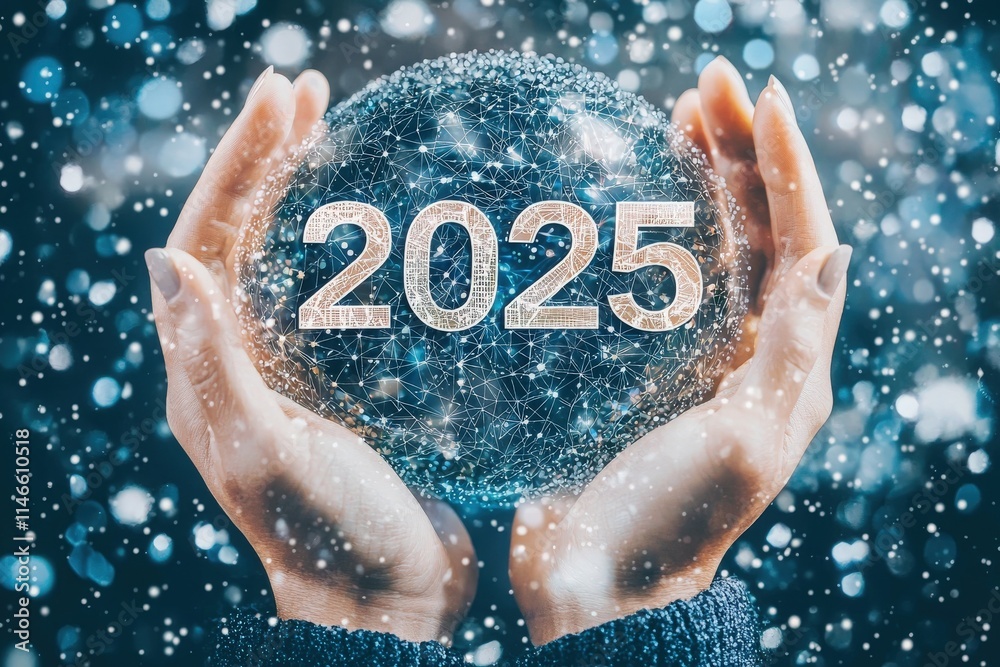 Hands gently cradle a shimmering globe with the year 2025 prominently displayed. The backdrop sparkles, creating an atmosphere of anticipation and hope for the future.