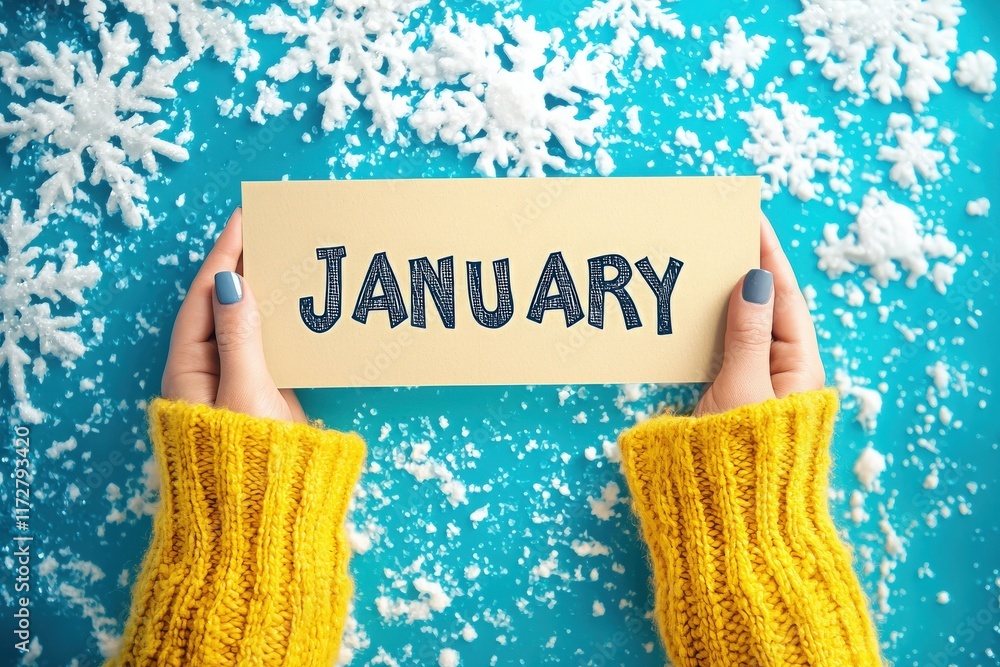 Hands hold a yellow card displaying the word January, surrounded by artificial snowflakes on a bright blue background, showcasing the essence of winter and the new year.